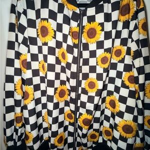 Sunflower Checkerboard Bomber Jacket - Black & White with Yellow Sunflowers